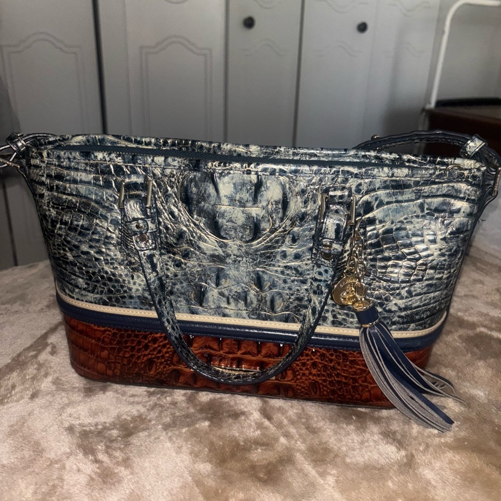 Brahmin Blue and Brown Croc-Embossed Shoulder Bag